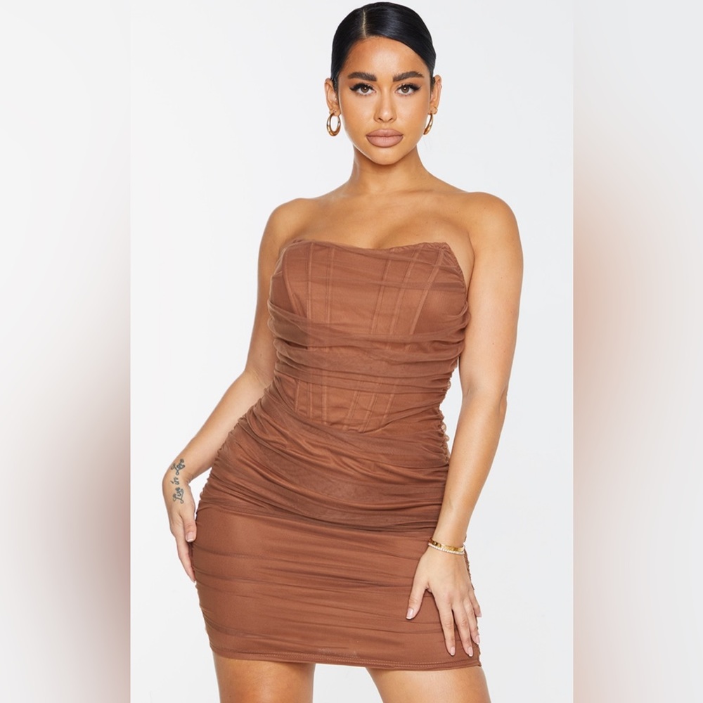 Chocolate Brown Mesh Corset Ruched Bodycon Dress